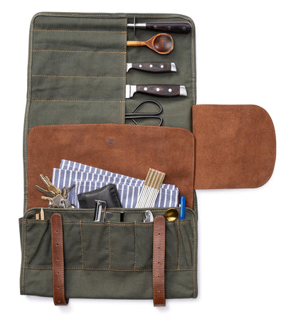 Angus Stoke XXL knife bag with 16 compartments & plenty of storage space – multifunctional & tool bag made of canvas & leather – knife roll Marc (Olive Green)