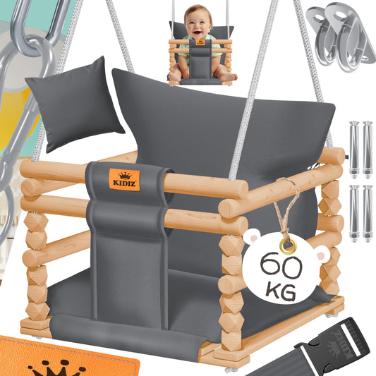 KIDIZ® Baby Swing Seat with Padding | Wooden Swing with Anti-Tip up to 60KG | Adjustable Height Indoors & Outdoors | 0.5-3 years | Mounting Accessories & Safety Belt Anthracite