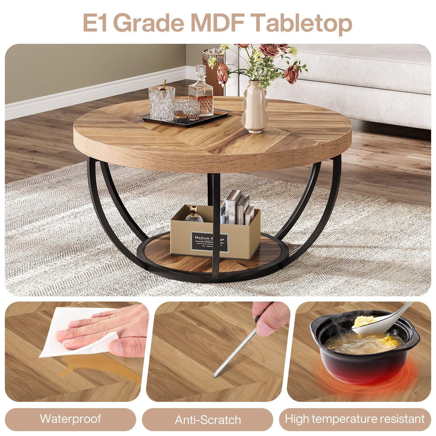 Tribesigns Round Coffee Table, Industrial 2-Tier Circle Coffee Table with Storage Shelves, Modern Wood Accent Center Table Sofa Side Table for Living Room, Home Office
