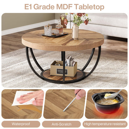 Tribesigns Round Coffee Table, Industrial 2-Tier Circle Coffee Table with Storage Shelves, Modern Wood Accent Center Table Sofa Side Table for Living Room, Home Office