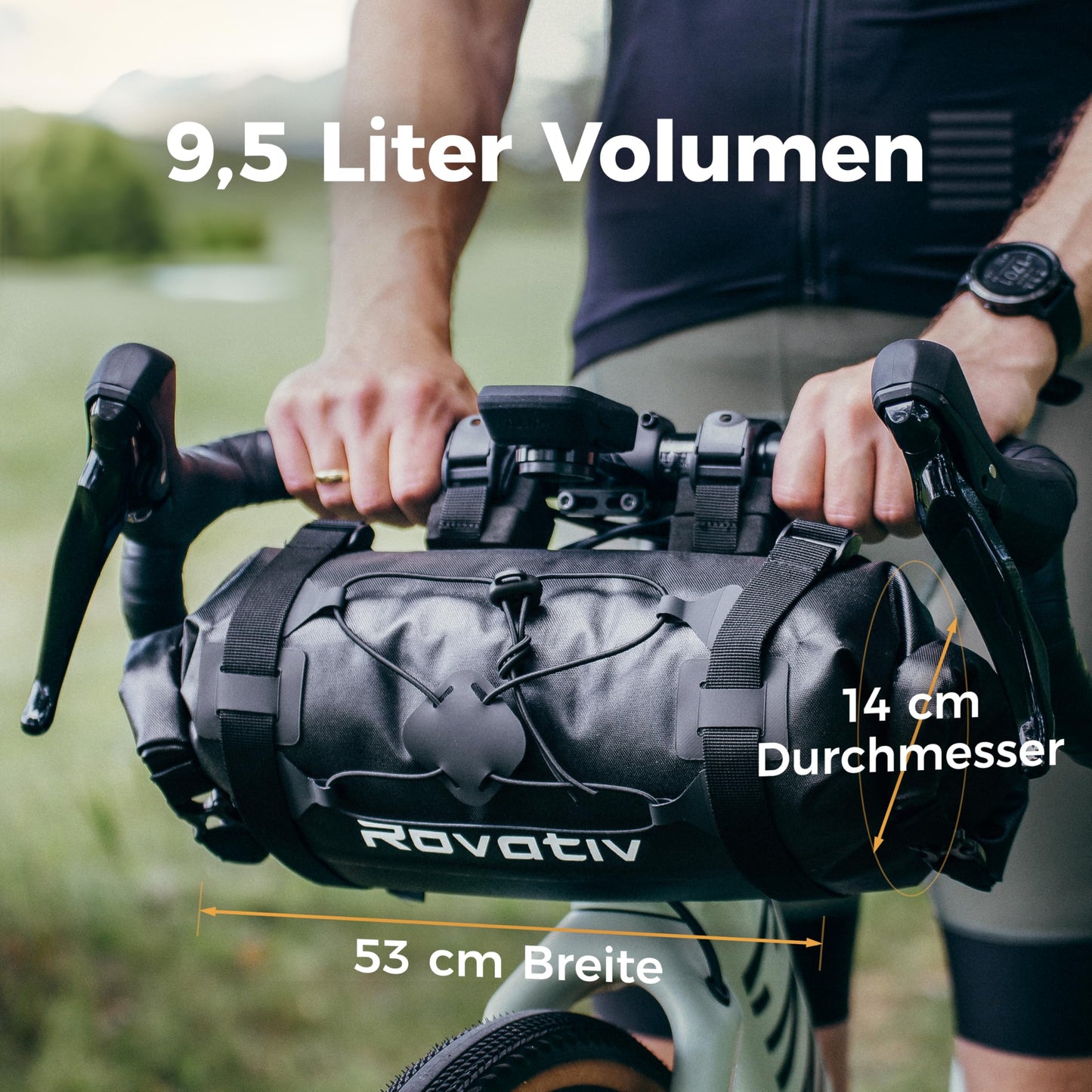 Rovativ® Bikepacking handlebar bag [9.5 liters] 100% waterproof - handlebar roll - extra secure grip - robust TPU fabric - for gravel bike, road bike, MTB.