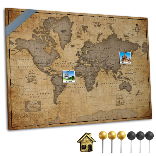 Canvas world map with cork pinboard for pinning travel destinations - wall decor for any room - high quality canvas pictures with World Map in various sizes (90x60 cm, design 1)