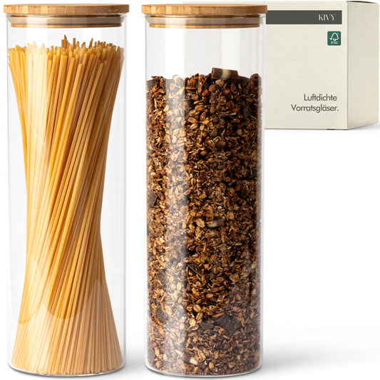 KIVY storage jars with airtight lid - 2 x 1.8L - For spaghetti, flour, cereals storage glass - Pasta jars with lid - Large spaghetti storage glass - Pasta jars with bamboo lid.