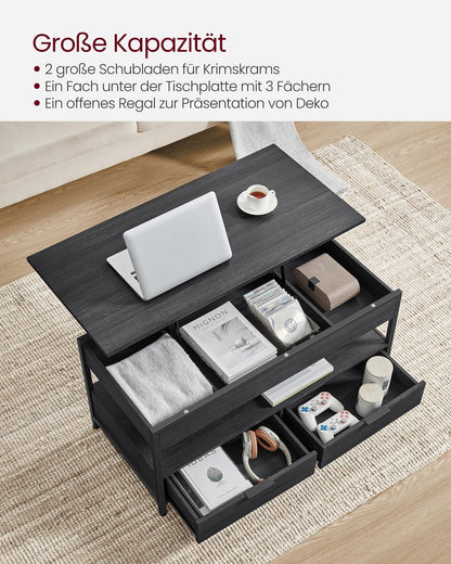 VASAGLE Coffee Table, Adjustable Height Living Room Table, with Drawers, Open Compartment, 50 x 100 cm, Anthracite Gray-Charcoal Black LCT209B22.