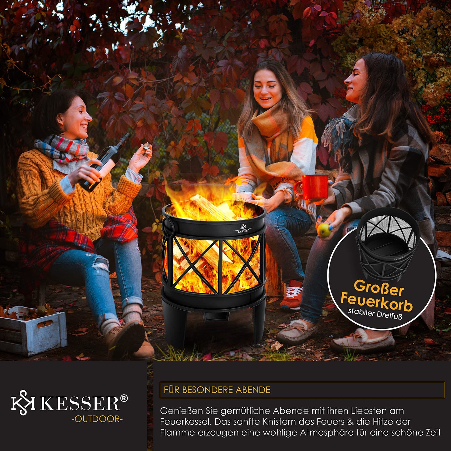KESSER® Fire Bowl Including Cover Fire Pit with Spark Protection & Handles + Poker Fire Place 58 x 45 cm for Garden & Terrace Metal Antique Rust Look Multifunctional Fire Pit Heater BBQ Black