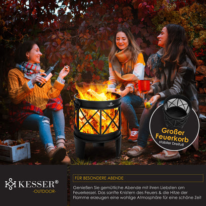 KESSER® Fire Bowl Including Cover Fire Pit with Spark Protection & Handles + Poker Fire Place 58 x 45 cm for Garden & Terrace Metal Antique Rust Look Multifunctional Fire Pit Heater BBQ Black