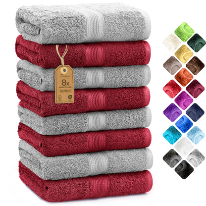 NatureMark 8-pack towels, 100% cotton, 50 x 100 cm, towel set Silver/Bordeaux.