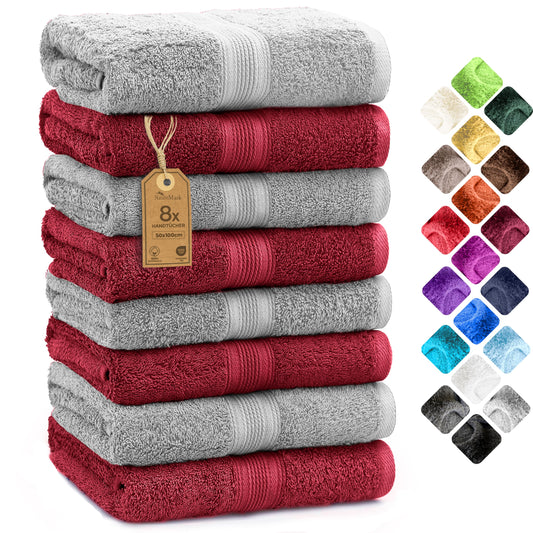 NatureMark 8-pack towels, 100% cotton, 50 x 100 cm, towel set Silver/Bordeaux.
