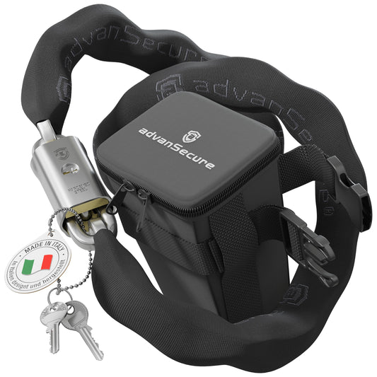 advanSecure® high-security chain lock with saddle bag | ideal for e-bikes | max. security level | 120 cm length, 10 mm chain links | hardened special steel