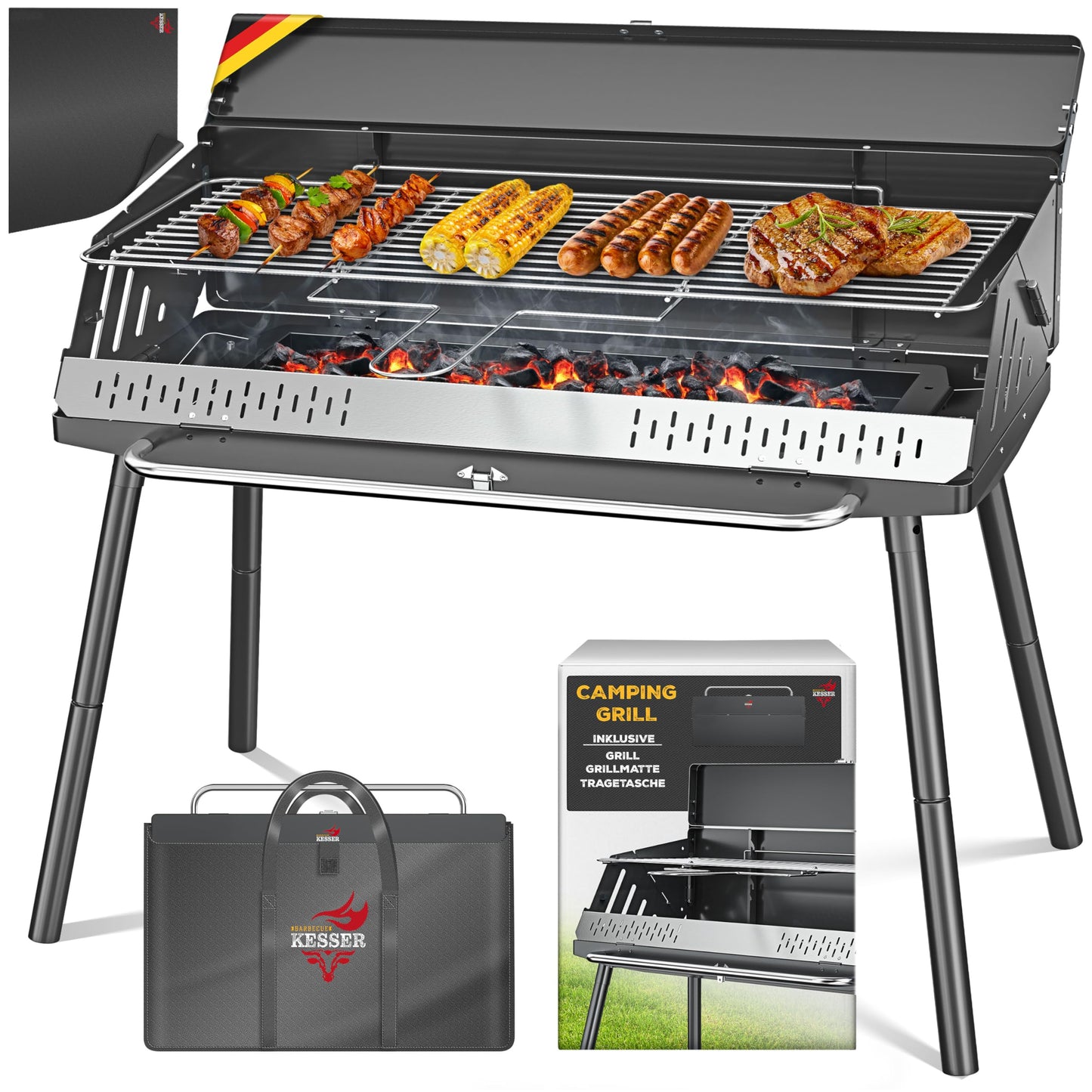 KESSER® Folding Grill portable Camping Grill with stand | Charcoal grill made of powder-coated steel including grill grate, grill mat & carrying bag | Foldable BBQ ideal for camping, picnics & fishing