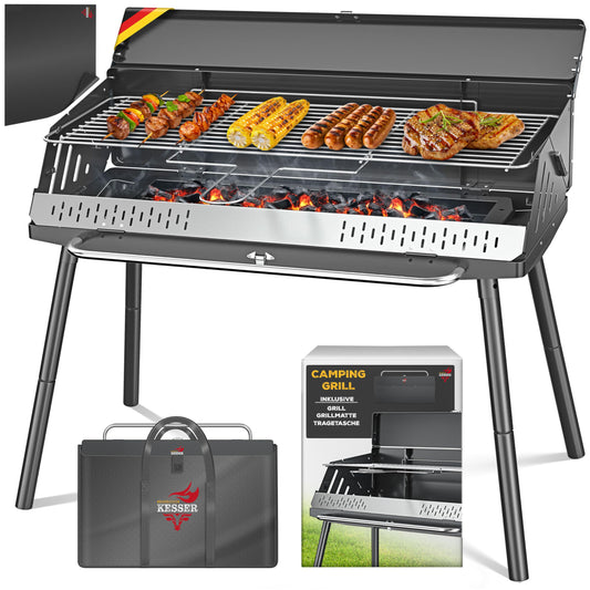 KESSER® Folding Grill portable Camping Grill with stand | Charcoal grill made of powder-coated steel including grill grate, grill mat & carrying bag | Foldable BBQ ideal for camping, picnics & fishing