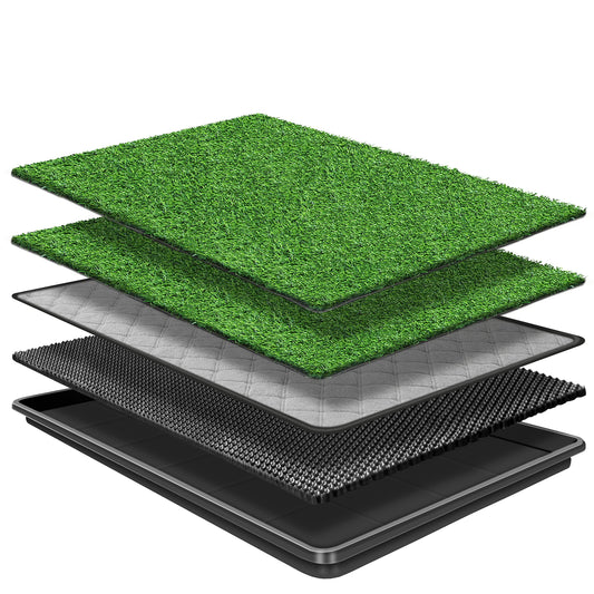 GoldOuya 60 x 90 cm dog grass pad with tray for indoor and outdoor use, great for large dog potty training is a complete potty system. Grass potty pads for dogs with tray are reusable.