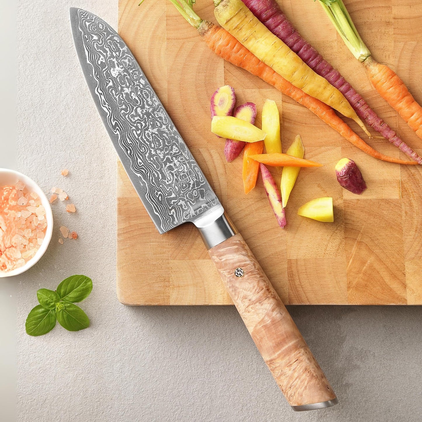 Zayiko Damascus Santoku Knife Blade 17 cm I made of 67 layers I Damascus kitchen knife made of real black Damascus steel with birch root wood handle Kinone series