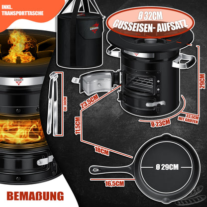 KESSER® Rocket Stove with cast iron grill pan | incl. grill tongs & carrying bag | Dutch Oven 6 integrated spikes | BBQ Rocket Stove wood stove | Camping outdoor stove | Camping grill stainless steel