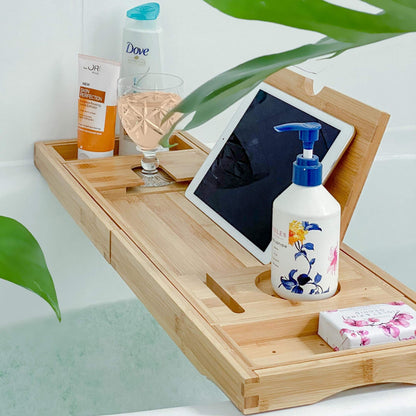 Deep Calm Bathtub Tray - Adjustable Bamboo Bathtub Caddy - Non-Slip Bathtub Shelf Fits Most Tubs - Holds Book, iPad, Phone, Glass, Candle (Natural)