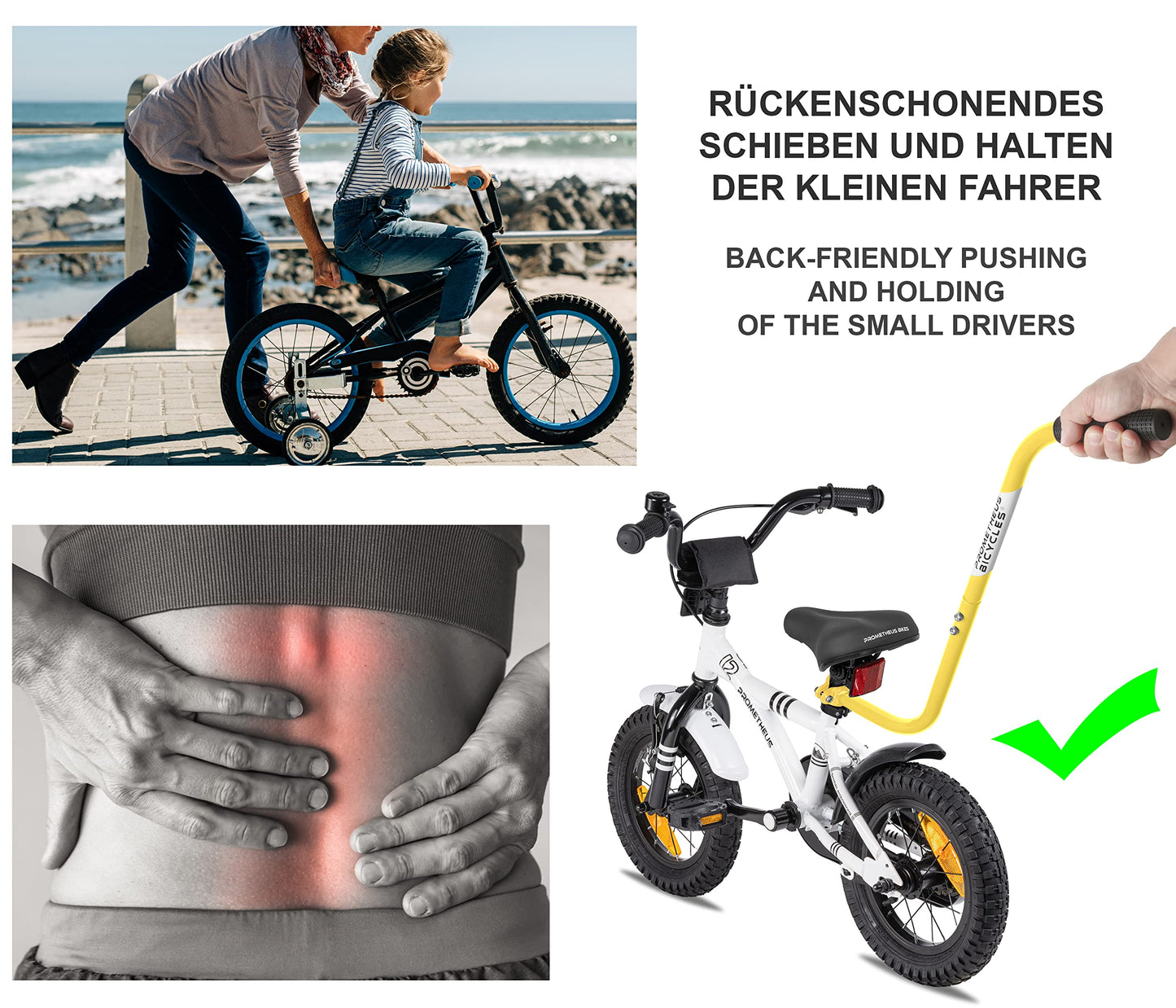 PROMETHEUS BICYCLES kids bike handlebar | push handle for children's bike | universal detachable non-slip sturdy push bar - Yellow
