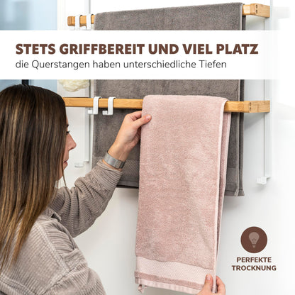 eluno Door Hanging Shelf made of metal and bamboo, door towel holder with 2 towel bars, 4 convenient hooks, for hanging without drilling (White)