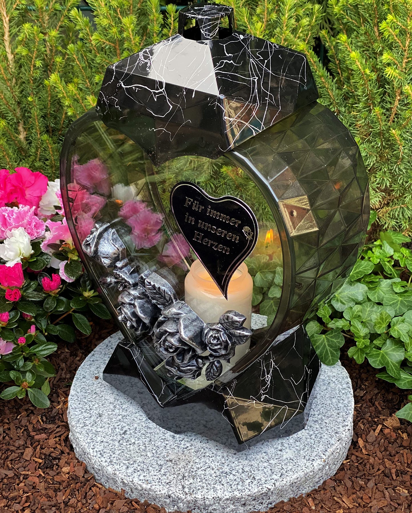 Grave lamp lantern heart shape with inscription "Forever in our hearts" grave light candle grave candle grave decoration 33 cm H.! Grave ornament New model incl. candle, black