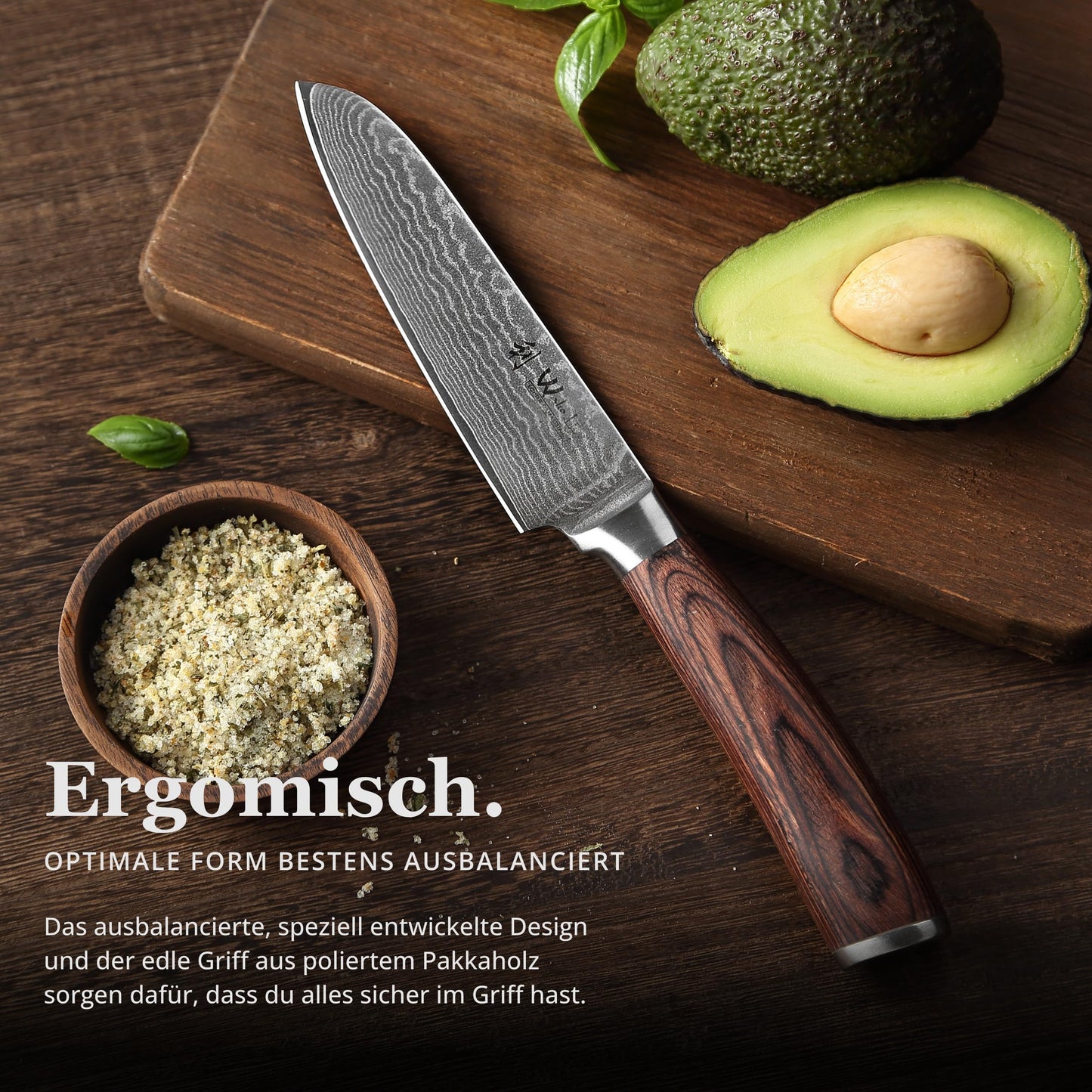 Wakoli EDIB Santoku knife 12cm - Small kitchen knife - VG10 core & 67 layers of damascus steel - Sharp damascus knife for vegetables & fruits - Pakkawood handle - Chef's knife - Gift box - Addition to knife set
