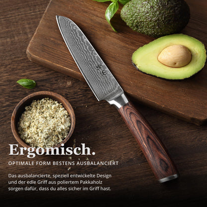 Wakoli EDIB Santoku knife 12cm - Small kitchen knife - VG10 core & 67 layers of damascus steel - Sharp damascus knife for vegetables & fruits - Pakkawood handle - Chef's knife - Gift box - Addition to knife set