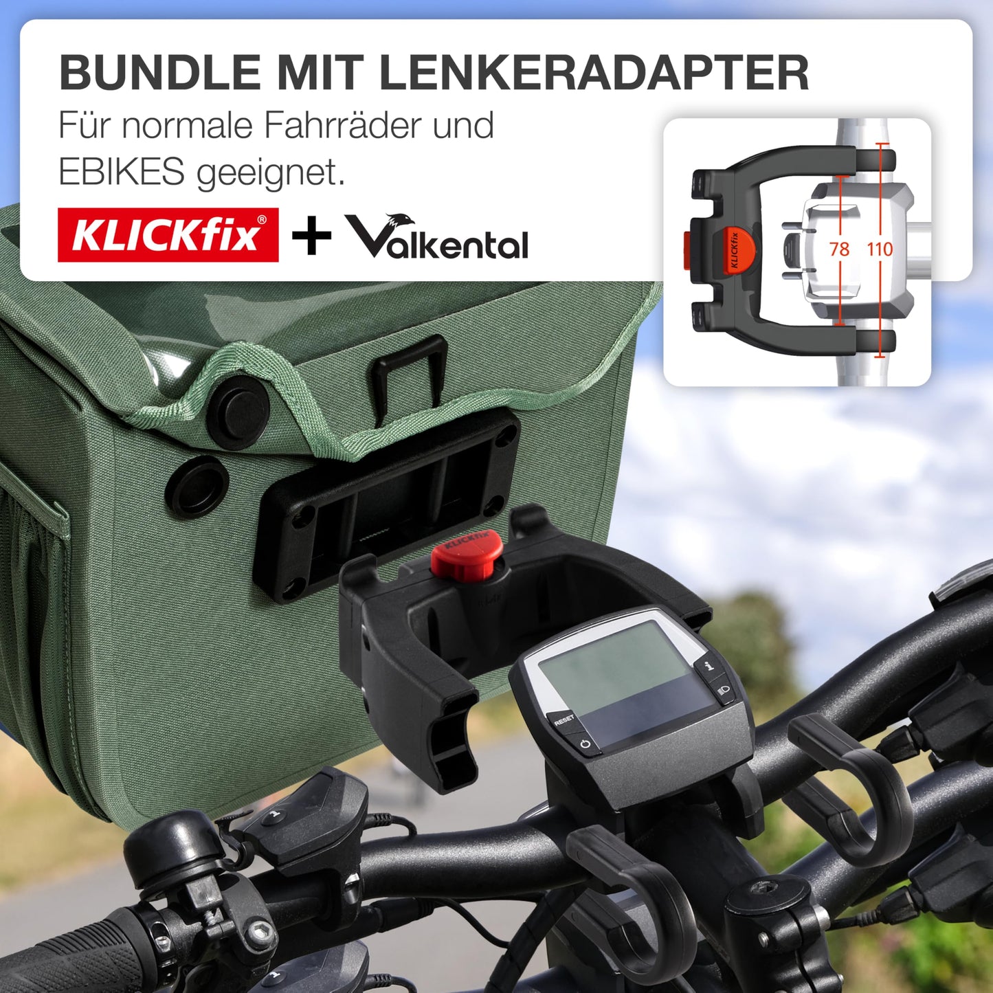 Valkental® x KLICKfix® - waterproof handlebar bag | 7L volume | Sturdy bike handlebar bag with magnetic closure | Includes phone pocket | Bike handlebar bag | E-bike handlebar bag | Compatible with KLICKfix