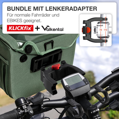 Valkental® x KLICKfix® - waterproof handlebar bag | 7L volume | Sturdy bike handlebar bag with magnetic closure | Includes phone pocket | Bike handlebar bag | E-bike handlebar bag | Compatible with KLICKfix