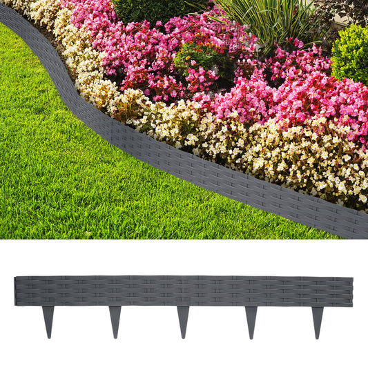 5m Rattan lawn edging plastic with 5 elements of 100 cm each. Rattan-look design, flexible for garden borders. Bendable edging for lawns, flower beds in anthracite color.