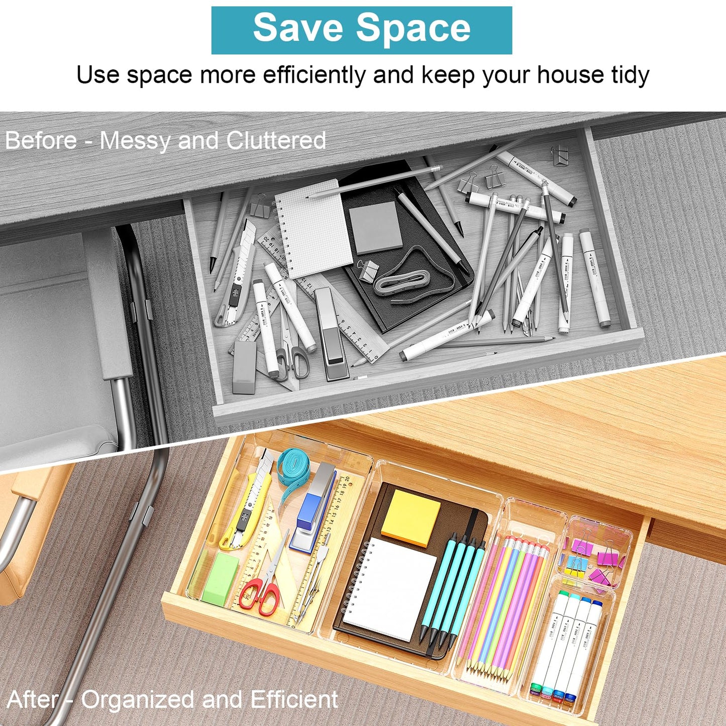 Radikor Drawer Organizer - 50 piece vanity organizer in 4 sizes, Makeup organizer, Drawer organization system for desk, office, kitchen, bathroom.