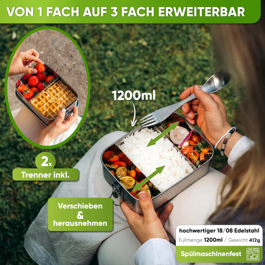 Blockhouse premium stainless steel lunch box I 1200ml I for kids incl. compartments and spare seal. The bento box with partition is leak-proof, snack box small.