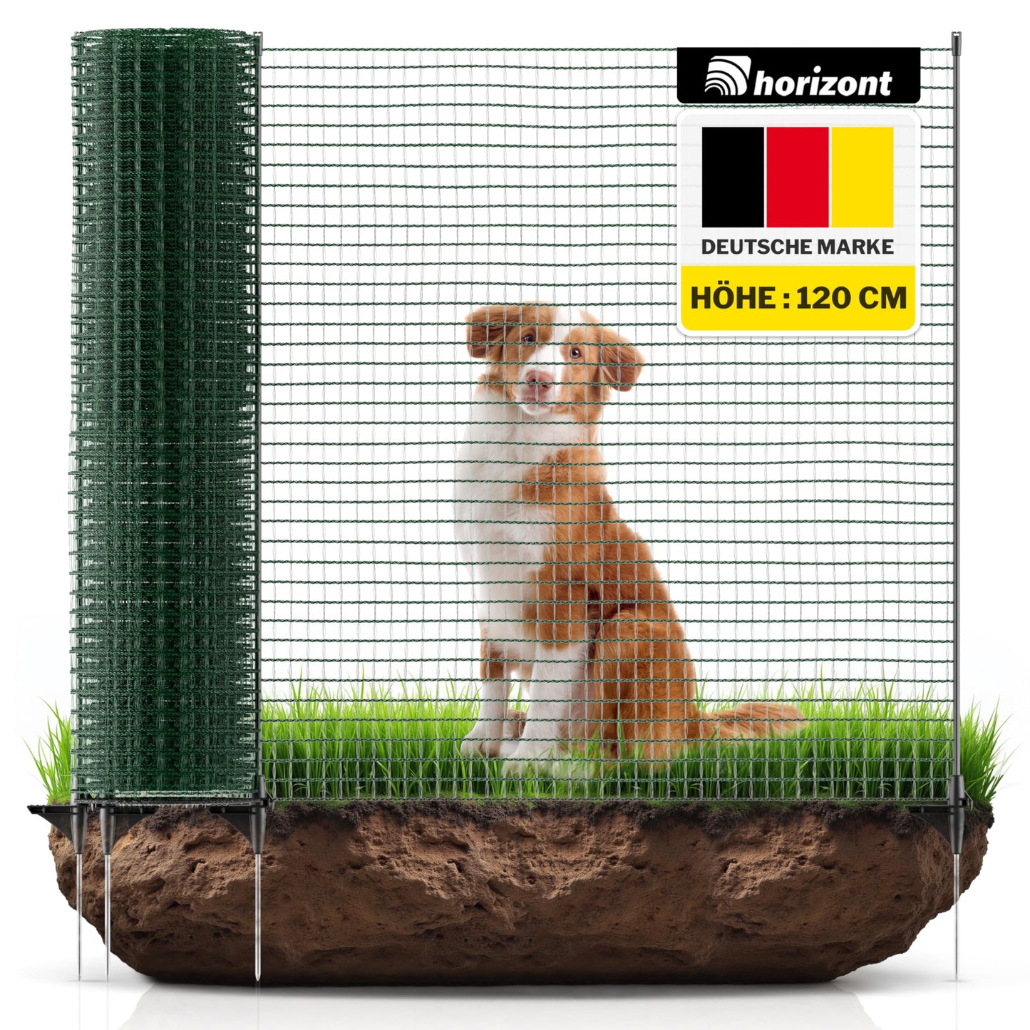 Horizontal boundary fence FIX, mobile fence 25m long, 120cm high, perfect for large pets, dog fence, camping, garden net, including 15 poles, barrier fence, snap-on fence, running area for dogs.