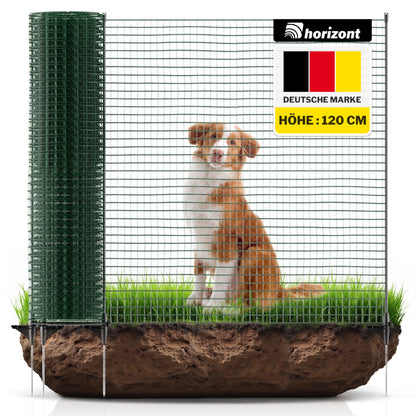 Horizontal boundary fence FIX, mobile fence 25m long, 120cm high, perfect for large pets, dog fence, camping, garden net, including 15 poles, barrier fence, snap-on fence, running area for dogs.