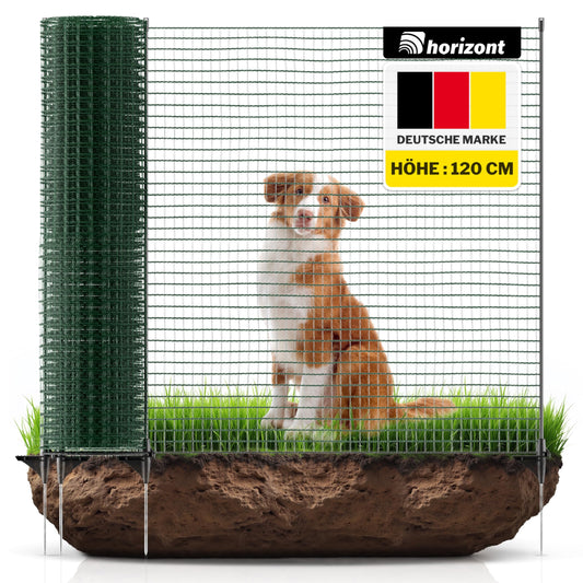 Horizontal boundary fence FIX, mobile fence 25m long, 120cm high, perfect for large pets, dog fence, camping, garden net, including 15 poles, barrier fence, snap-on fence, running area for dogs.