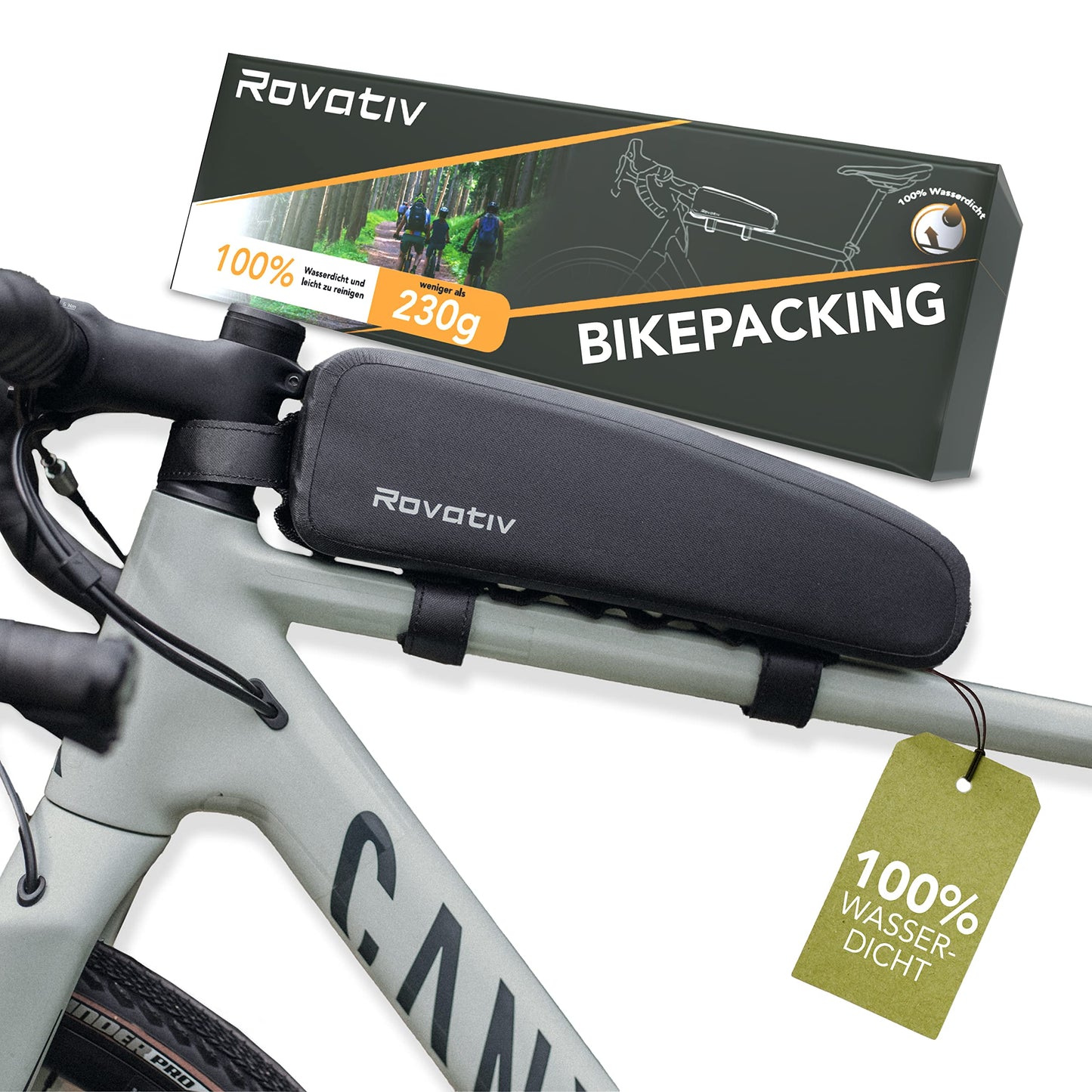 Rovativ® Bikepacking Top Tube Bag [1.8 Liters] 100% Waterproof - Extra Secure Mount - New Zipper - for Gravel bike, Road bike, MTB