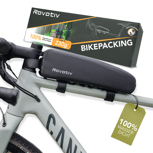 Rovativ® Bikepacking Top Tube Bag [1.8 Liters] 100% Waterproof - Extra Secure Mount - New Zipper - for Gravel bike, Road bike, MTB
