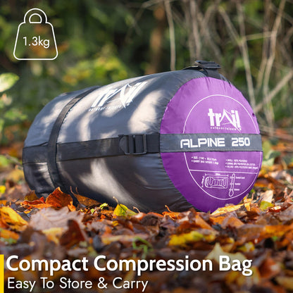 Alpine trail sleeping bag with hood - 250g bag, 3-season sleeping bag. Lightweight, compact - with hood and compression sack (Purple)