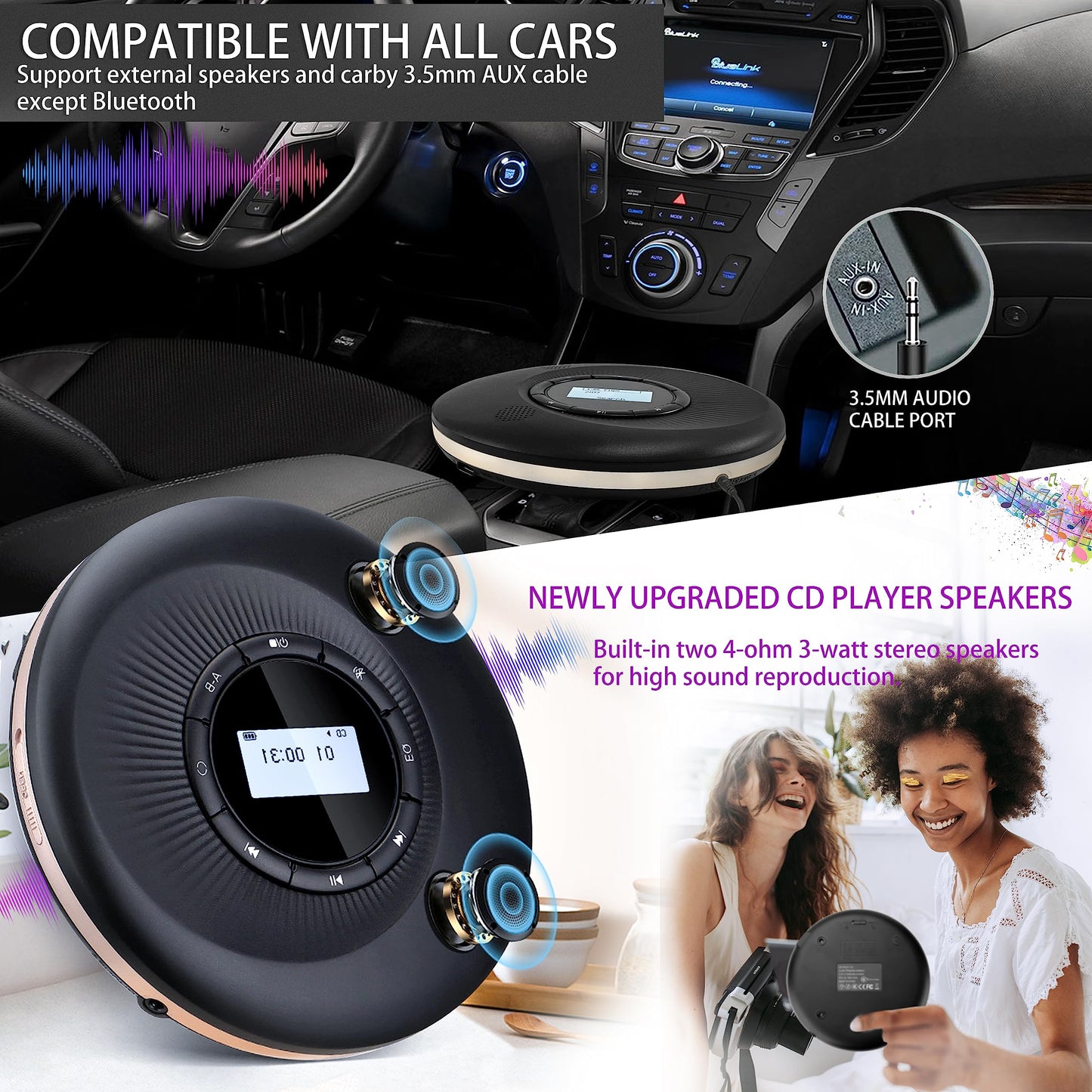 Portable CD player with Bluetooth rechargeable 1500mAh car CD player with Bluetooth and stereo dual speakers anti-skip for car home travel personal discman CD player portable