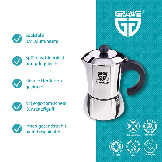 GRÄWE Induction Espresso Maker, Stainless Steel Espresso Pot for 4 Cups, Classic Espresso Maker without Aluminum - 200 ml