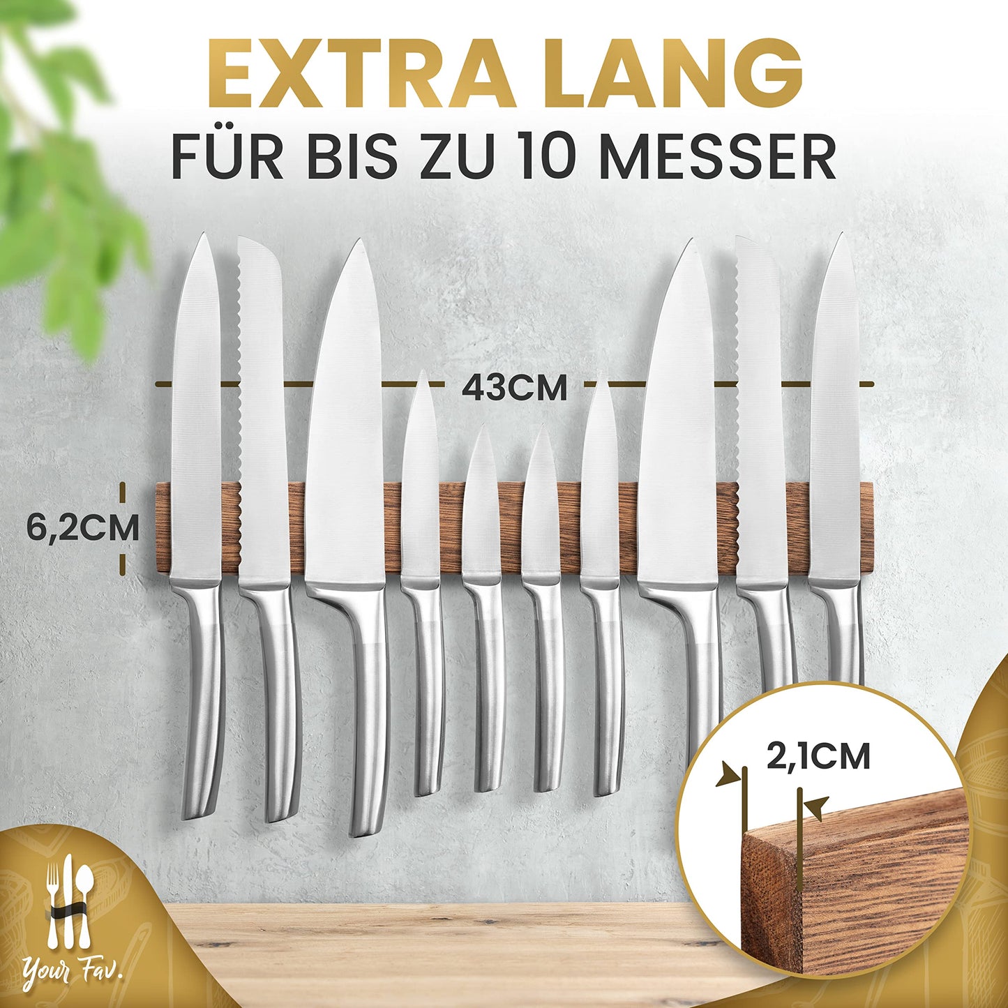 Magnetic Wooden Knife Strip - Self-Adhesive without Drilling - XL Magnet Strip Holds up to 10 Knives - 43x6.2cm - [SUPER SECURE] - Walnut Magnetic Knife Holder for Kitchen - Magnet Knife Rack