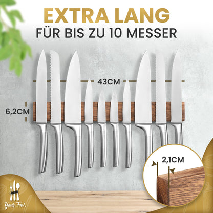 Magnetic Wooden Knife Strip - Self-Adhesive without Drilling - XL Magnet Strip Holds up to 10 Knives - 43x6.2cm - [SUPER SECURE] - Walnut Magnetic Knife Holder for Kitchen - Magnet Knife Rack