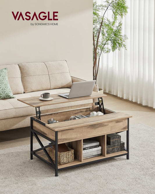 VASAGLE Coffee Table, Adjustable Living Room Table, Open and Hidden Storage, X-Shaped Design, 60 x 100 x (48-62) cm, Camel Brown-Black LCT205K50