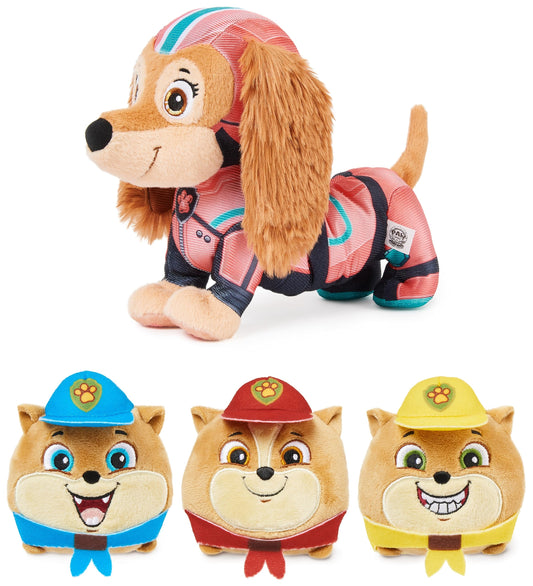 PAW PATROL: The Mighty Movie, Liberty plush figure with stretch function and 3 Junior Patroller mini plush figures, 24cm long, suitable toy for toddlers.