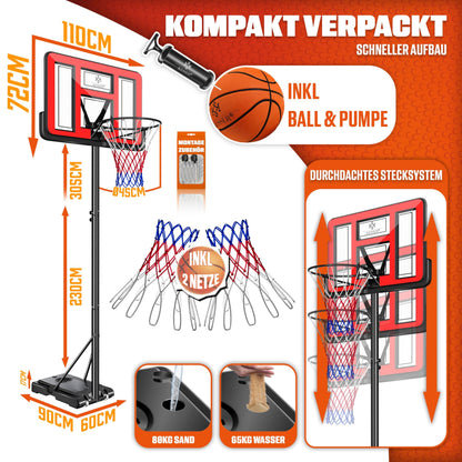 KESSER® Outdoor basketball hoop with stand & wheels Incl. 2x nets, basketball & pump | Basketball system adjustable hoop height 230 to 305 cm Hoop stand for adults & kids