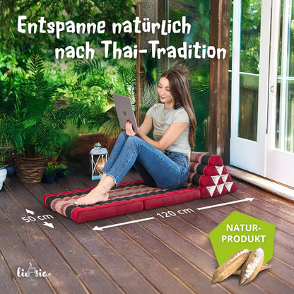 livasia Thai cushion with 2 pillows - 120x50x8 cm - triangle cushion with seat cushion, wedge cushion with kapok, foldable back cushion, Thai mat for folding, handmade, meditation cushion (red/black)