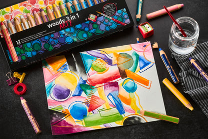 STABILO - Colored pencil, watercolor & wax crayon - woody 3 in 1 - ARTY - 18 pack with sharpener and brush - with 18 different colors