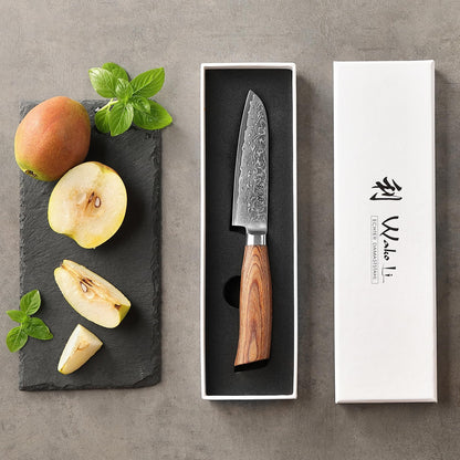 Wakoli EDIB Pro Damascus Santoku Knife | 11 cm blade made of 67 layers of Damascus steel with VG10 core | Pakkawood handle | Santoku knife for vegetables, fruits & meats | Kitchen knife in gift box