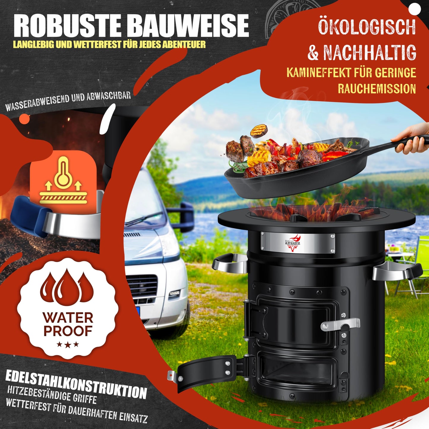 KESSER® Rocket Stove with cast iron grill pan | incl. grill tongs & carrying bag | Dutch Oven 6 integrated spikes | BBQ Rocket Stove wood stove | Camping outdoor stove | Camping grill stainless steel
