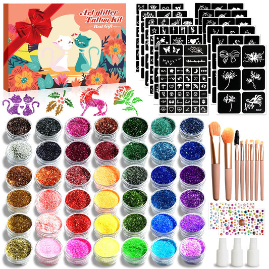 jingyuanli Glitter Tattoo Set for Kids - 42 colors Temporary Glitter Tattoos for Girls, 228 stencils, 8 brushes, 233 rhinestones, 3 glues, Carnival Glitter Makeup Kit, for girls aged 3 and up