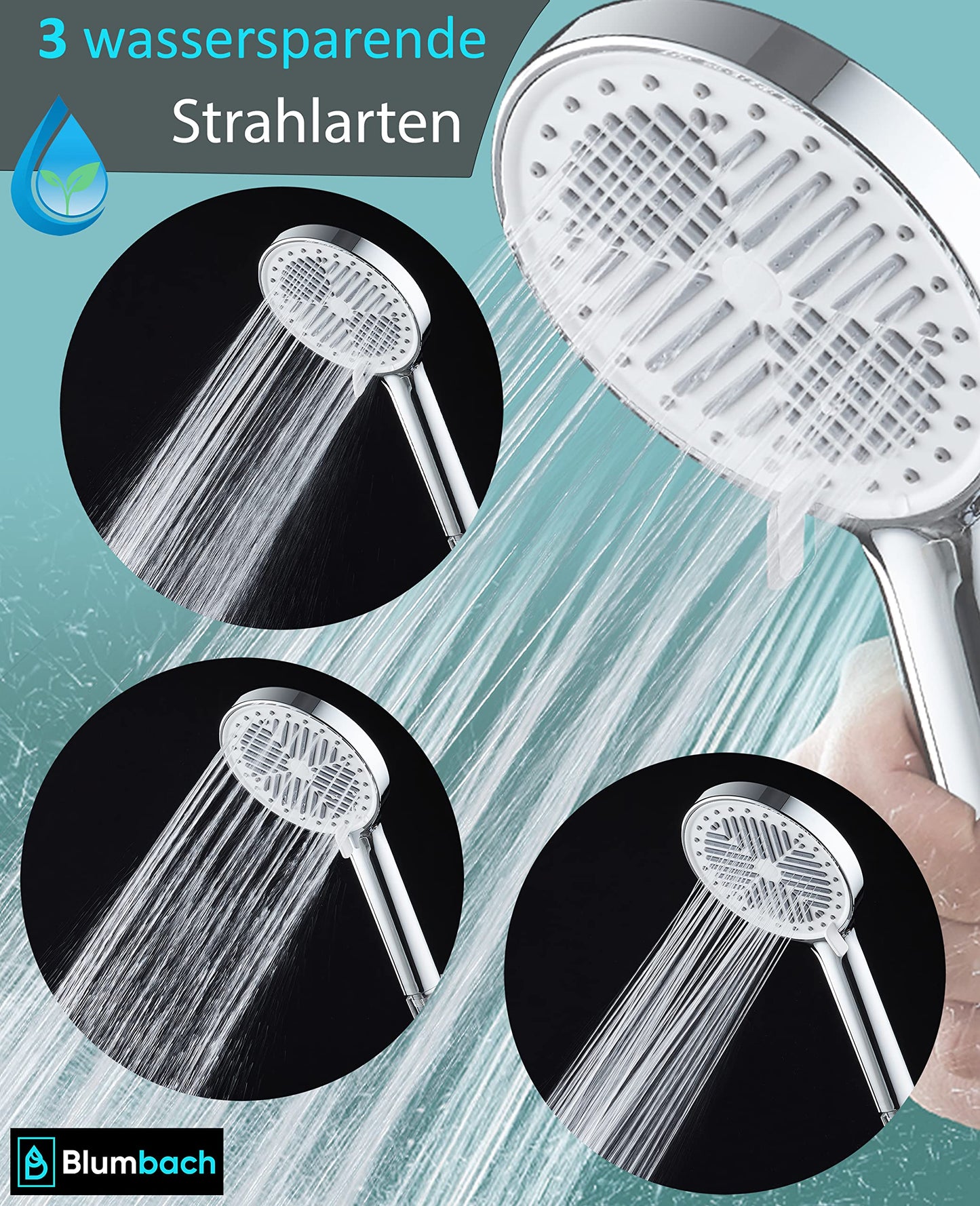 BLUMBACH® water-saving shower head - Eco Shower, water-saving shower head with 3 spray settings, 6-9 l/min, economical shower head, Shower Head, handheld shower, efficient shower spray, award-winning large shower head.