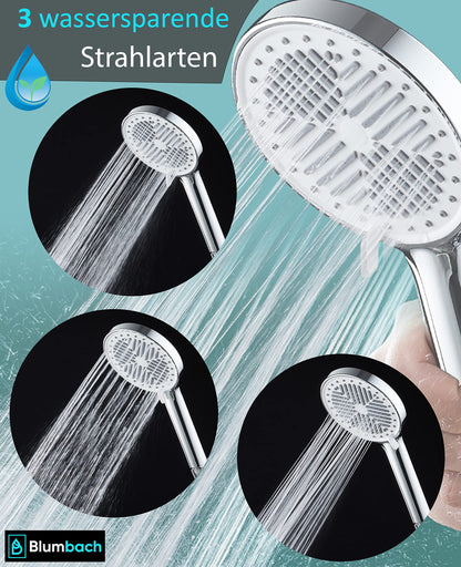 BLUMBACH® water-saving shower head - Eco Shower, water-saving shower head with 3 spray settings, 6-9 l/min, economical shower head, Shower Head, handheld shower, efficient shower spray, award-winning large shower head.