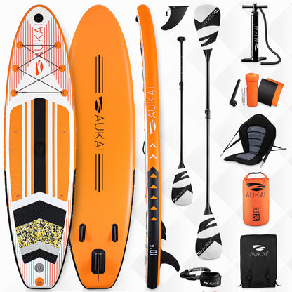 AUKAI SUP Board PRO | Inflatable Stand up Paddle Set | 320cm various models | 5 year warranty | includes special accessories | 2in1 paddle kayak seat action cam mount ankle leash pump backpack (Orange)